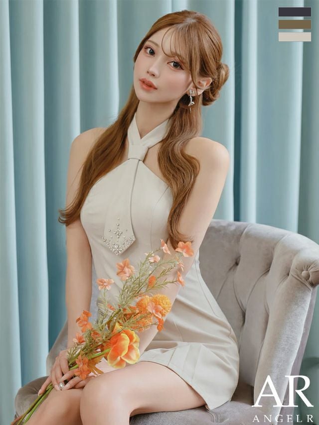 キャバドレス ミニドレス Angel-R エンジェルアール 高級 ブランド フレアミニドレス シンプル ベアトップ ネクタイデザイン プリーツスカート ビジューパール モード ワンカラー