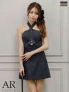 キャバドレス ミニドレス Angel-R エンジェルアール 高級 ブランド フレアミニドレス シンプル ベアトップ ネクタイデザイン プリーツスカート ビジューパール モード ワンカラー