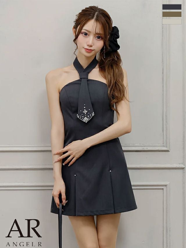 キャバドレス ミニドレス Angel-R エンジェルアール 高級 ブランド フレアミニドレス シンプル ベアトップ ネクタイデザイン プリーツスカート ビジューパール モード ワンカラー