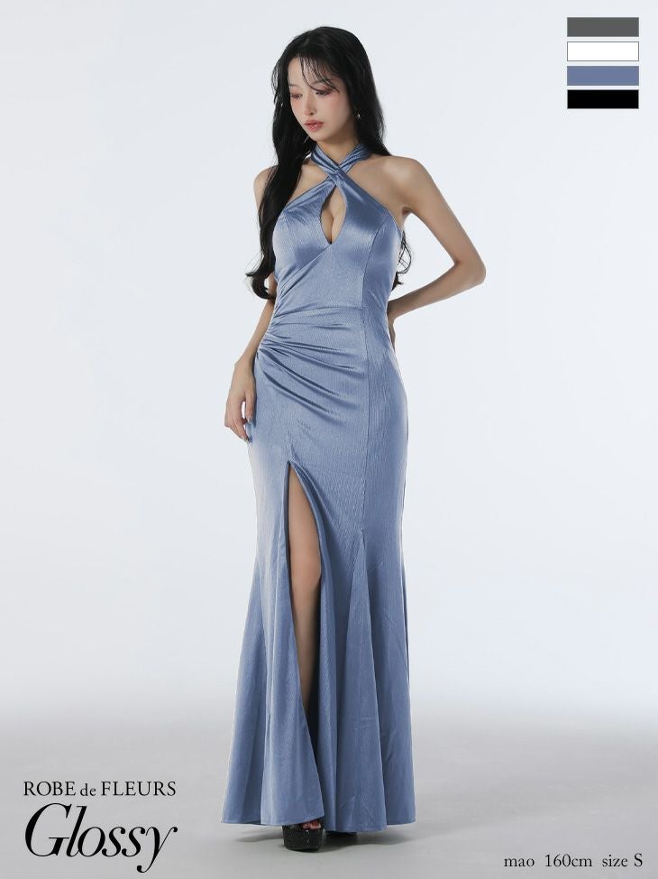 キャバドレス ロングドレス ROBEdeFLEURSGlossy ローブドフルールグロッシー　高級 ブランド タイトロングドレス 谷間 大人 スリット 上品 背中魅せ マーメイド ホルターネック バストカット サテン