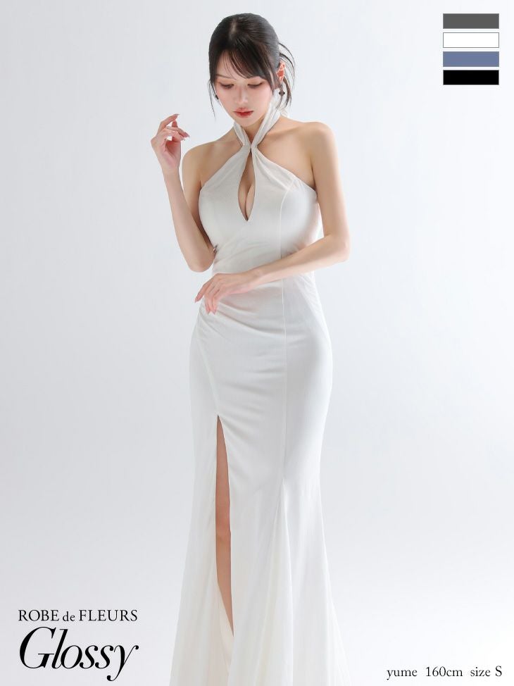 キャバドレス ロングドレス ROBEdeFLEURSGlossy ローブドフルールグロッシー　高級 ブランド タイトロングドレス 谷間 大人 スリット 上品 背中魅せ マーメイド ホルターネック バストカット サテン