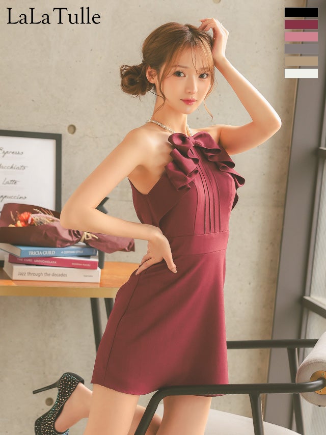 キャバドレス ミニドレス Angel-R エンジェルアール 高級 ブランド Aラインミニドレス キャミソール フリルリボン パールショルダー 胸元カバー ワンカラー
