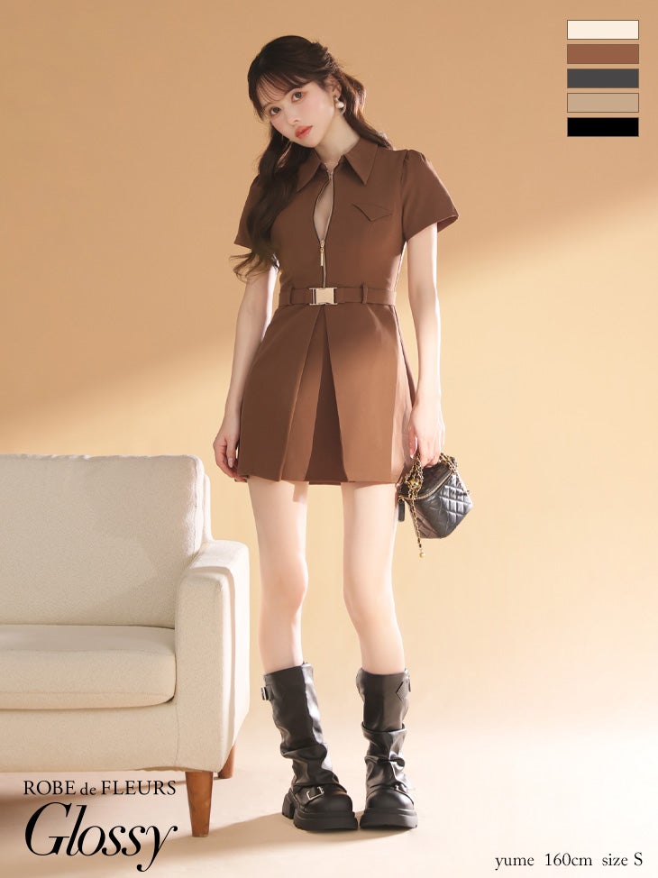 キャバドレス ミニドレス ROBEdeFLEURSGlossy ローブドフルールグロッシー　高級 ブランド Aラインミニドレス 谷間 半袖 ウエストベルト 襟付き ジップ