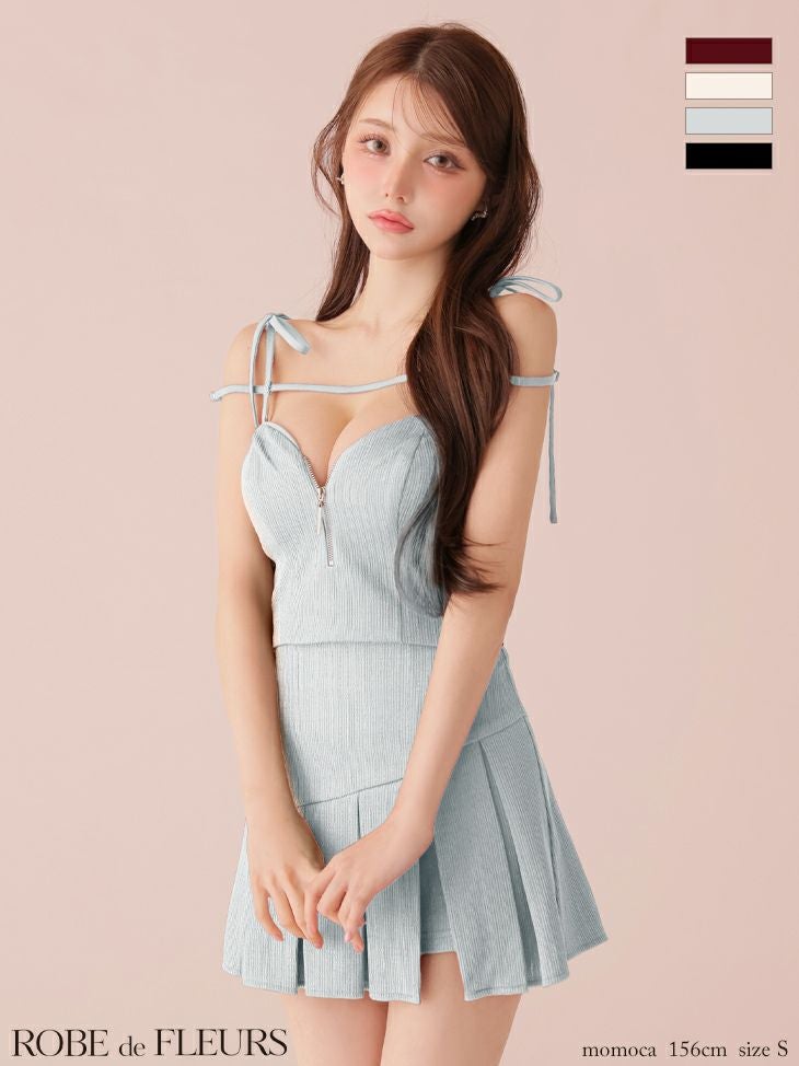 キャバドレス ミニドレス ROBEdeFLEURS ローブドフルール　高級 ブランド Aラインミニドレス 谷間 セットアップ キャミソール ジップ ショルダーリボン コード プリーツ