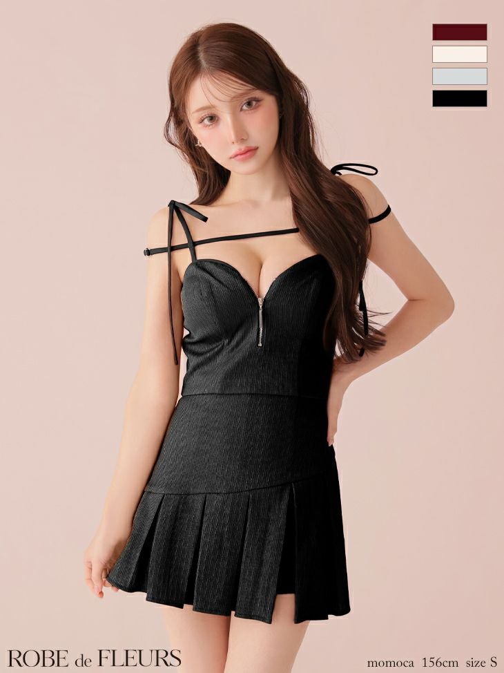 キャバドレス ミニドレス ROBEdeFLEURS ローブドフルール　高級 ブランド Aラインミニドレス 谷間 セットアップ キャミソール ジップ ショルダーリボン コード プリーツ