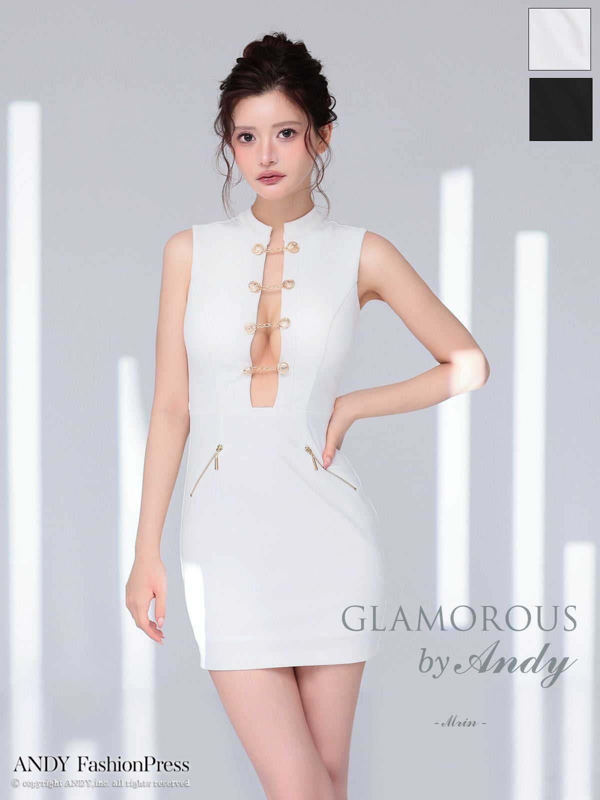 キャバドレス AndyGLAMOROUS アンディグラマラス　高級 ブランド タイトミニドレス 谷間 大人 ノースリーブ ジップ ゴールドチェーン ボタン セクシー