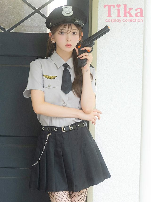 コスプレ ポリス 6点set ワッペン付き 体型カバー プリーツ フレアスカート (トップス/ネクタイ/スカート/ベルト/チェーン/帽子)【ハロウィン】[tk-hw534830]