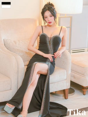 タイト ロングドレス 谷間 大人 スリット ストレッチ キャミソール バストシースルー ビジュー (せいせい着用)