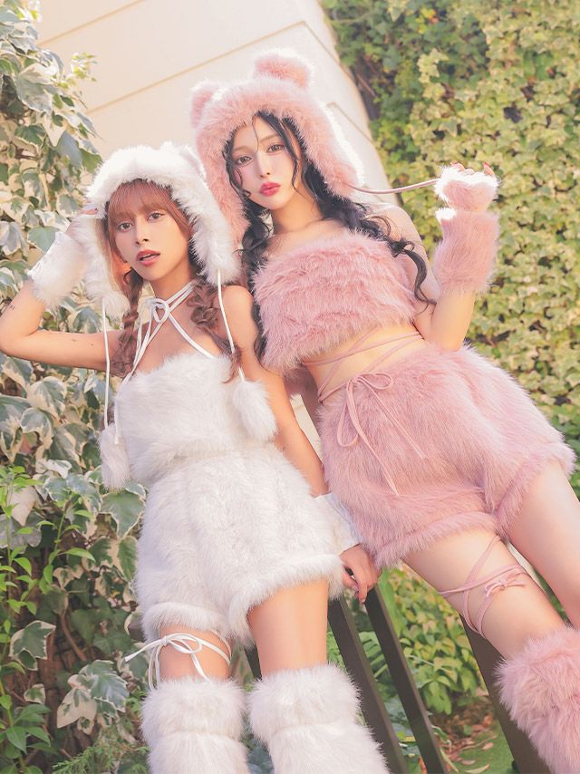Tika 熊 アニマル コスプレ衣装 6点セット ピンク Tika ハロウィン コスプレ かわいい テディベア へそ出し ふわもこ