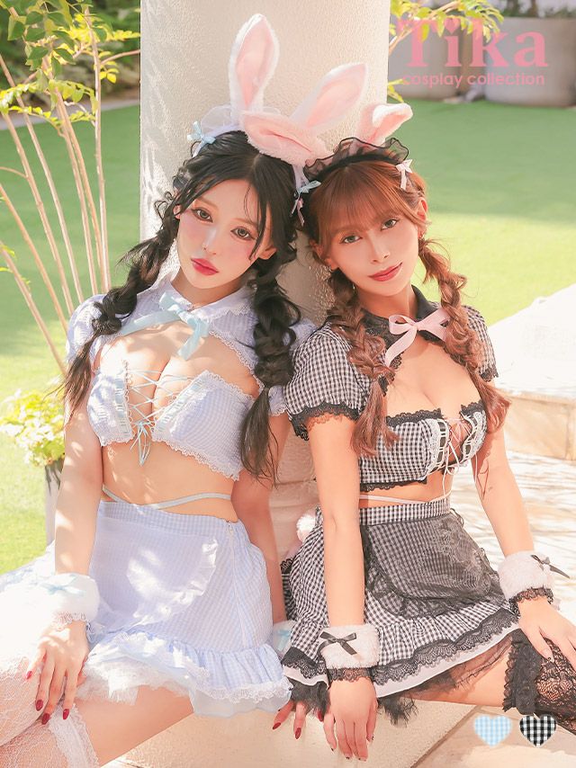 コスプレ アニマル バニー メイド風 制服 ギンガムチェック ツイン へそ出し フレアスカート バニーガール 6点セット (ジャケット/ブラトップ/スカート/カチューシャ/カフス/透明ストラップ)【ハロウィン】[tk-hw8947]