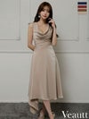 キャバドレス ロングドレス Veautt/ヴュート 高級 Aライン ロングドレス 谷間 シンプル 大人 ノースリーブ 上品 バストドレープ アシンメトリー