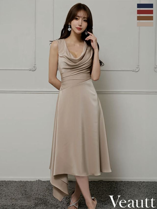 キャバドレス ロングドレス Veautt/ヴュート 高級 Aライン ロングドレス 谷間 シンプル 大人 ノースリーブ 上品 バストドレープ アシンメトリー