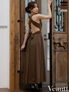 キャバドレス ロングドレス Veautt/ヴュート 高級 Aライン ロングドレス 谷間 シンプル 大人 ノースリーブ 上品 背中魅せ バック ウエストリボン Vカット