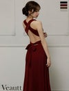 キャバドレス ロングドレス Veautt/ヴュート 高級 Aライン ロングドレス 谷間 シンプル 大人 ノースリーブ 上品 背中魅せ バック ウエストリボン Vカット