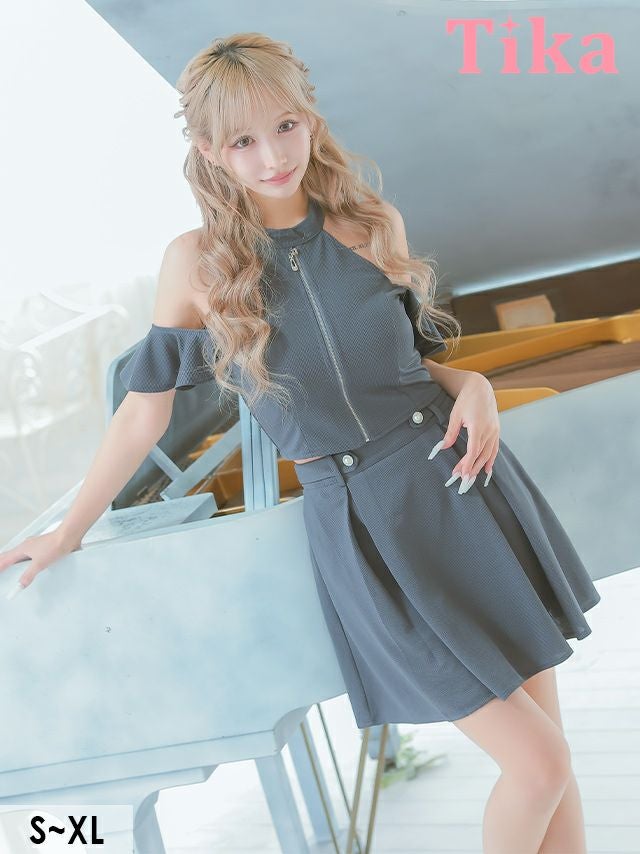 ミニドレス セットアップ フロントジップ ハイネック ストレッチ 肩