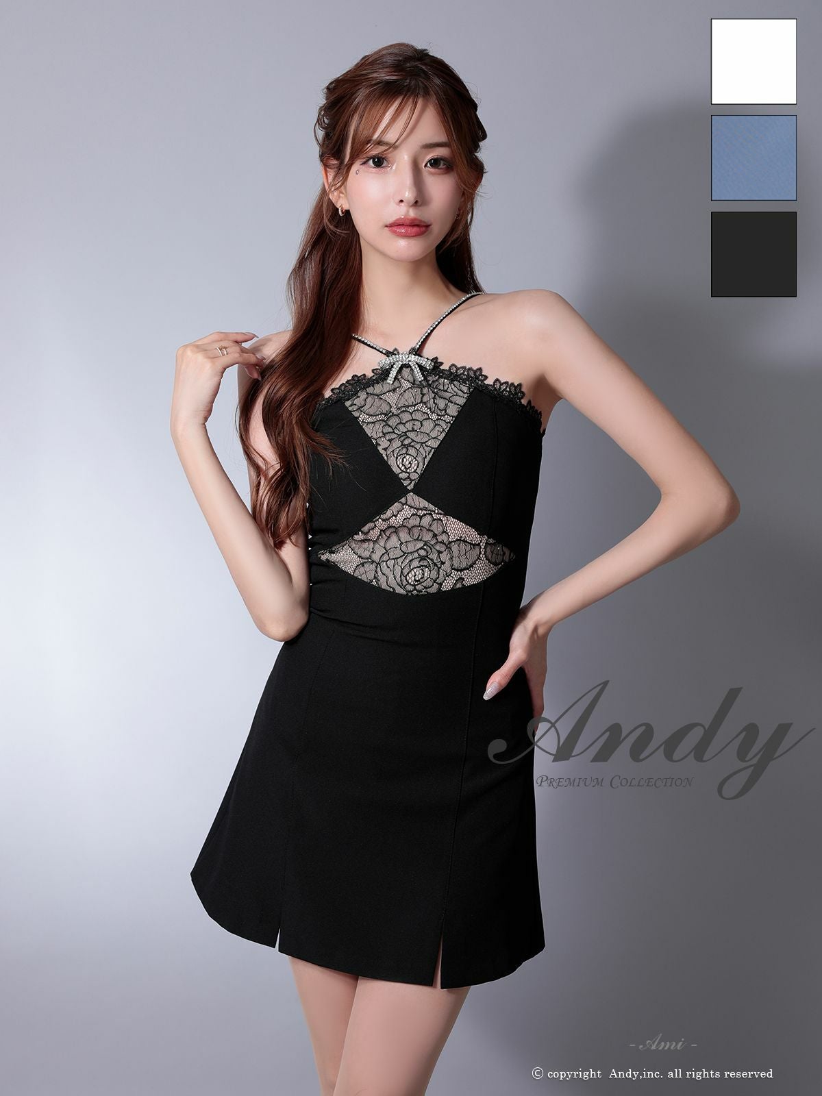 キャバドレス Andy アンディ　高級 ブランド Aライン ミニドレス レース ホルターネック ビジュー リボン フラワーデザイン