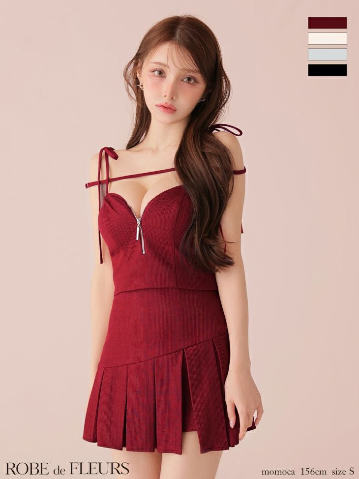 キャバドレス ミニドレス ROBEdeFLEURS ローブドフルール　高級 ブランド Aラインミニドレス 谷間 セットアップ キャミソール ジップ ショルダーリボン コード プリーツ