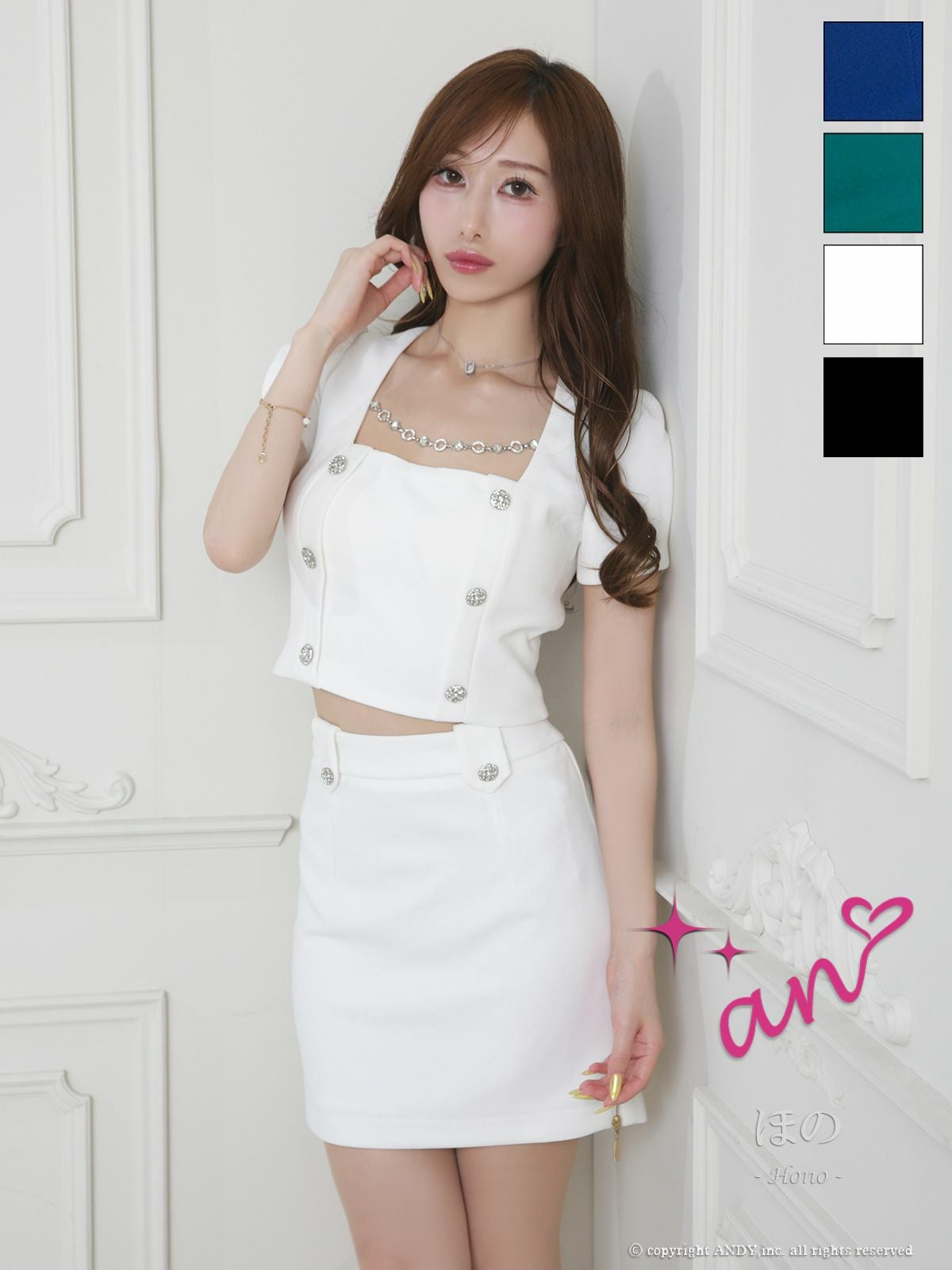 キャバドレス an アン　高級 ブランド タイトミニドレス セットアップ シンプル 背中魅せ 半袖 ジップ スクエアネック ビジューボタン ワンカラー