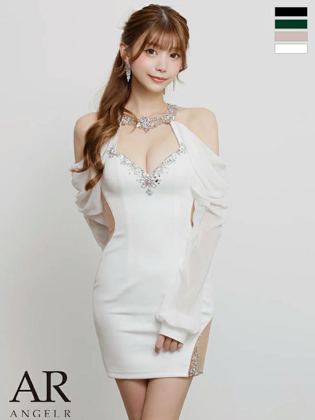 キャバドレス ミニドレス Angel-R エンジェルアール 高級 ブランド タイトミニドレス 長袖 谷間 大人 ホルターネック くびれ透け ビジュー セクシー シフォン