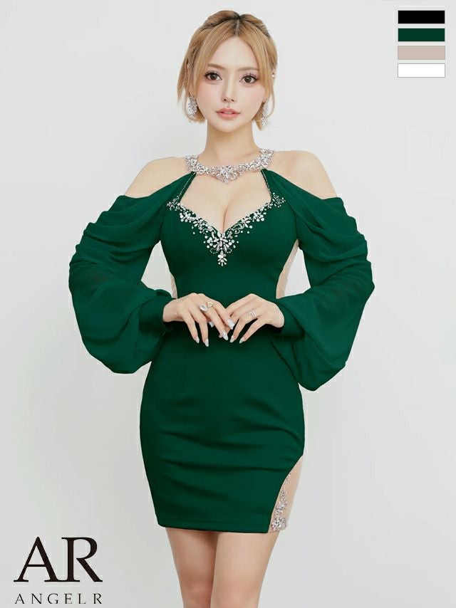 キャバドレス ミニドレス Angel-R エンジェルアール 高級 ブランド タイトミニドレス 長袖 谷間 大人 ホルターネック くびれ透け ビジュー セクシー シフォン