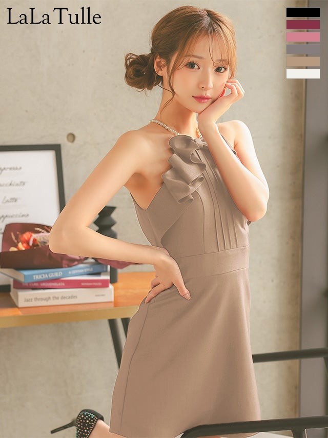 キャバドレス ミニドレス Angel-R エンジェルアール 高級 ブランド Aラインミニドレス キャミソール フリルリボン パールショルダー 胸元カバー ワンカラー