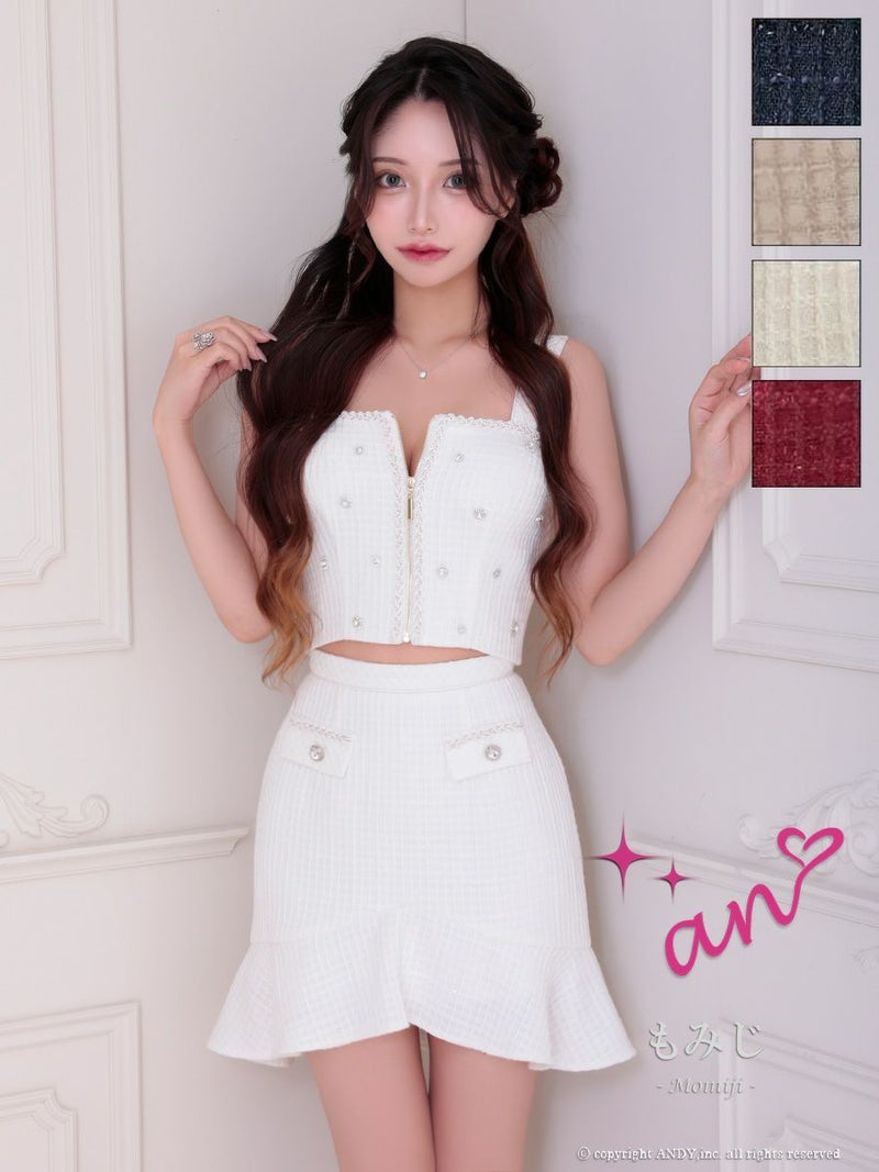 キャバドレス an アン　高級 ブランド タイトミニドレス 谷間 ノースリーブ マーメイド ツイード ジップ ラメ スクエアネック ビジューボタン フリル フェイクポケット