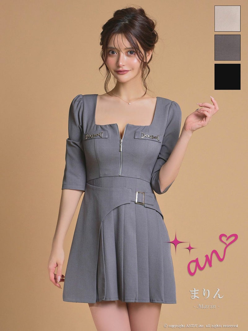 キャバドレス an アン　高級 ブランド ワンピース Aラインミニドレス シンプル 袖あり 五部袖 ウエストベルト ジップ ブラジャーのまま スクエアネック プリーツ