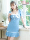 メイン画像 キャバドレス 韓国 ワンピース ストレッチ 半袖 ネックリボン パフスリーブ ブラジャーのまま 裾フリル スクエアネック パイピングレース ブルー 水色 タイト キャバドレス (PyunA.着用) [tk-mdk6039]