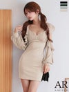 キャバドレス ミニドレス Angel-R エンジェルアール 高級 ブランド タイトミニドレス 長袖 谷間 ストレッチ ショルダーカット フリル ビジュー パールチェーン
