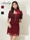 キャバドレス Andy アンディ　高級 ブランド Aラインミニドレス セットアップ ドット柄 半袖 チュールスカーフ リボン スクエアネック ビジューボタン