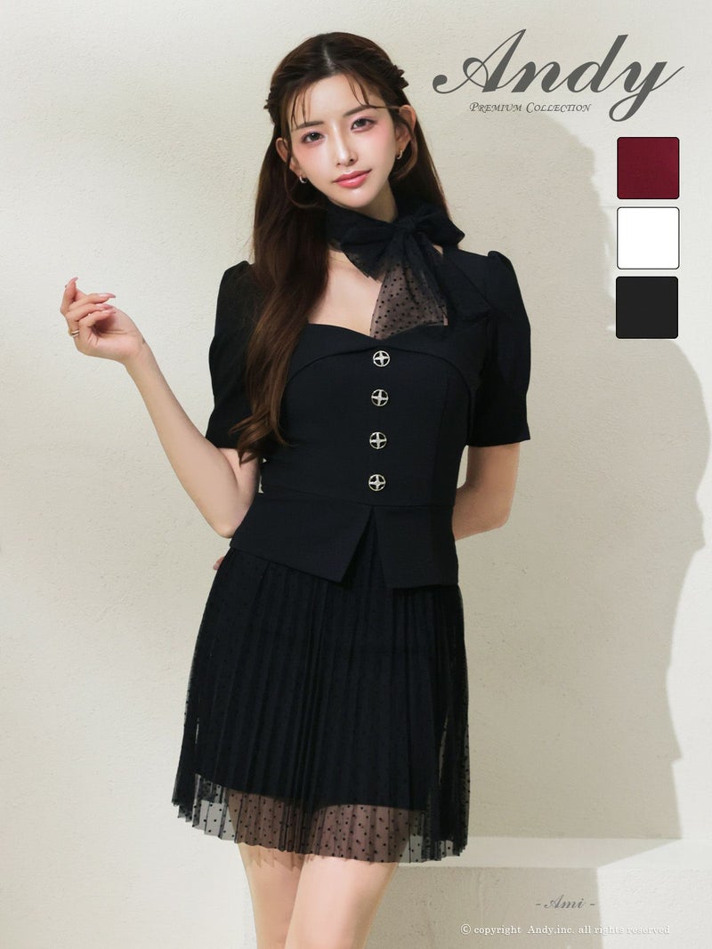 キャバドレス Andy アンディ　高級 ブランド Aラインミニドレス セットアップ ドット柄 半袖 チュールスカーフ リボン スクエアネック ビジューボタン
