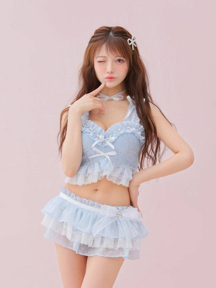 DecoLingerie  デコランジェリー 高級 ブランド レース ドット柄 フリル オーガンジー サテンリボン クリスタルビジュー ガーリー 4点セット