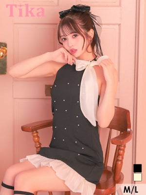 ワンピース Aライン ミニドレス ノースリーブ 上品 ハイネック ネックリボン フラワービジュー パール 胸元カバー 裾フリル (黒嵜菜々子着用)