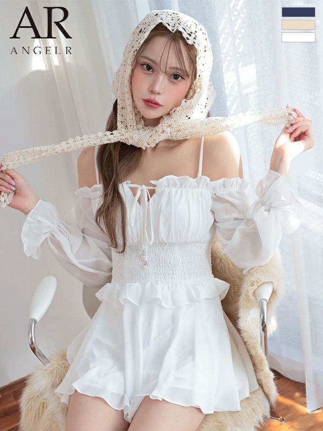 キャバドレス ミニドレス Angel-R エンジェルアール 高級 ブランド ワンピース Aライン ミニドレス 長袖 オフショルダー シンプル 肩出し パフスリーブ 2way フリル フェミニン