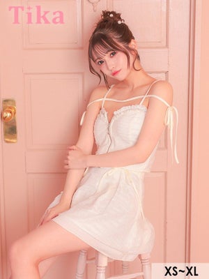  Aライン ミニドレス 谷間 セットアップ ストレッチ キャミソール ジップ コード リボン (黒嵜菜々子着用)