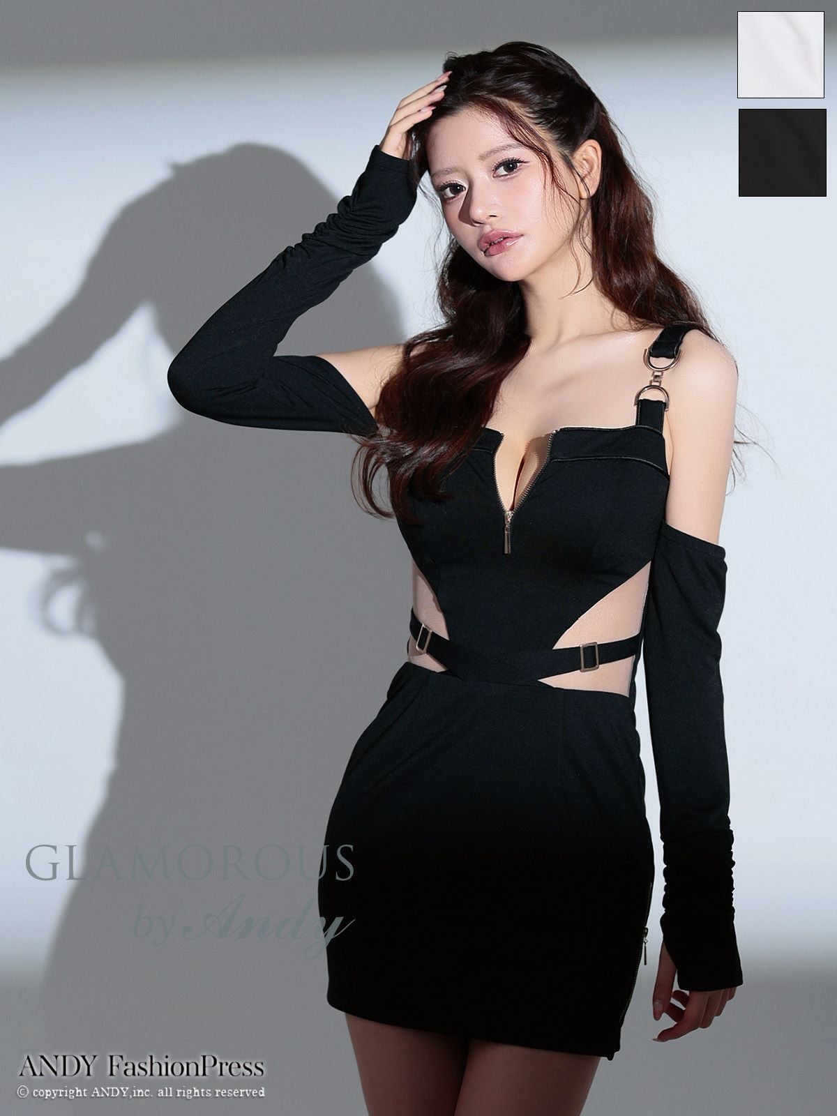 [AndyGLAMOROUS/アンディグラマラス] 高級 タイト ミニドレス 長袖 谷間 肩出し 二の腕カバー ウエストカット 袖あり ジップ 取り外し可能