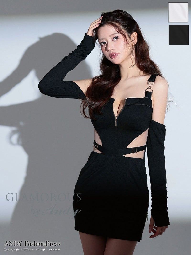 [AndyGLAMOROUS/アンディグラマラス] 高級 タイト ミニドレス 長袖 谷間 肩出し 二の腕カバー ウエストカット 袖あり ジップ 取り外し可能
