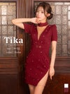 ミニドレス ハイネック 谷間シースルー 半袖 ウエストベルト パフスリーブ ストーン 大人 上品 XL 赤 ワインレッド タイト キャバドレス (聖菜着用) [tk-md8402]