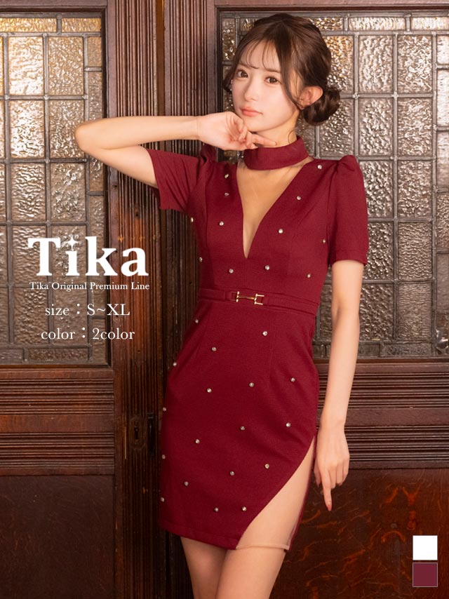 ミニドレス ハイネック 谷間シースルー 半袖 ウエストベルト パフスリーブ ストーン 大人 上品 XL 赤 ワインレッド タイト キャバドレス (聖菜着用) [tk-md8402]