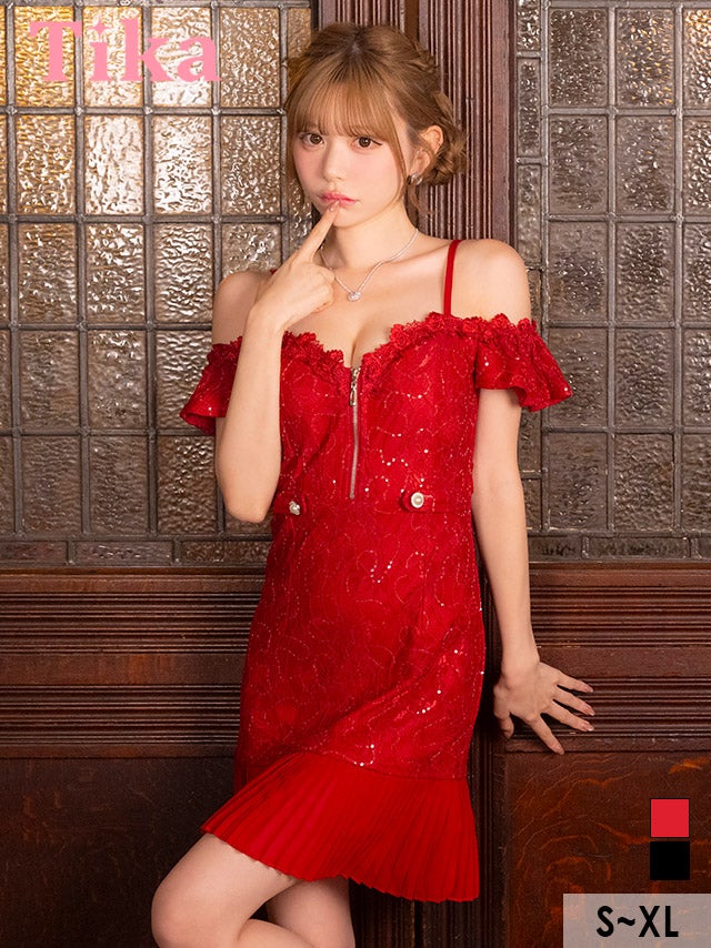 ミニドレス 谷間 レース 肩出し ウエストベルト ジップ プリーツ シフォン 二の腕カバー スパンコール Aライン 赤ドレス XL キャバドレス (若林萌々着用)［tk-md255008］