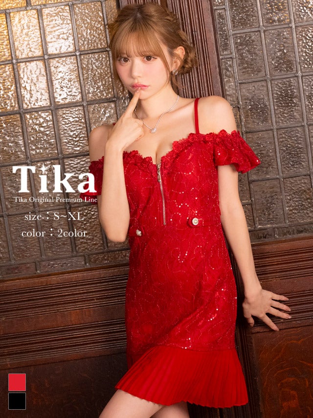 ミニドレス 谷間 レース 肩出し ウエストベルト ジップ プリーツ シフォン 二の腕カバー スパンコール Aライン 赤ドレス XL キャバドレス (若林萌々着用)［tk-md255008］