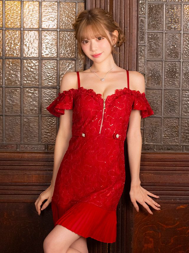 ミニドレス 谷間 レース 肩出し ウエストベルト ジップ プリーツ