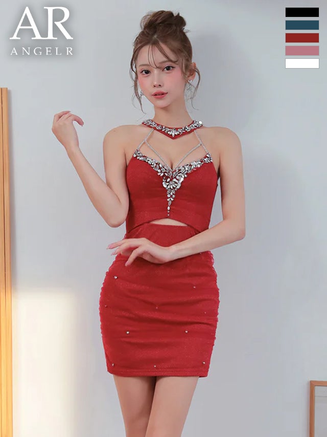 キャバドレス ミニドレス Angel-R エンジェルアール 高級 ブランド タイトミニドレス 谷間 ホルターネック ウエストカット ラメチュール バストコード ビジュー セクシー