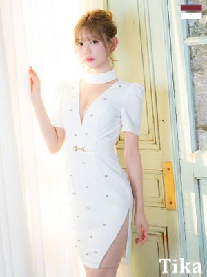 タイト ミニドレス 谷間 大人 上品 ハイネック 谷間シースルー 半袖 ウエストベルト パフスリーブ ビジュー ヌーディーシアー キャバドレス (若林萌々着用)