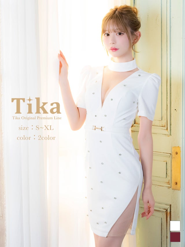 ミニドレス ハイネック 谷間シースルー 半袖 ウエストベルト パフスリーブ ストーン 大人 上品 XL 白 ホワイト タイト キャバドレス (若林萌々着用) [tk-md8402a]