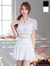 [an/アン] 高級 Aライン ミニドレス 半袖 セットアップ ウエストリボン 襟付き パフスリーブ フレア