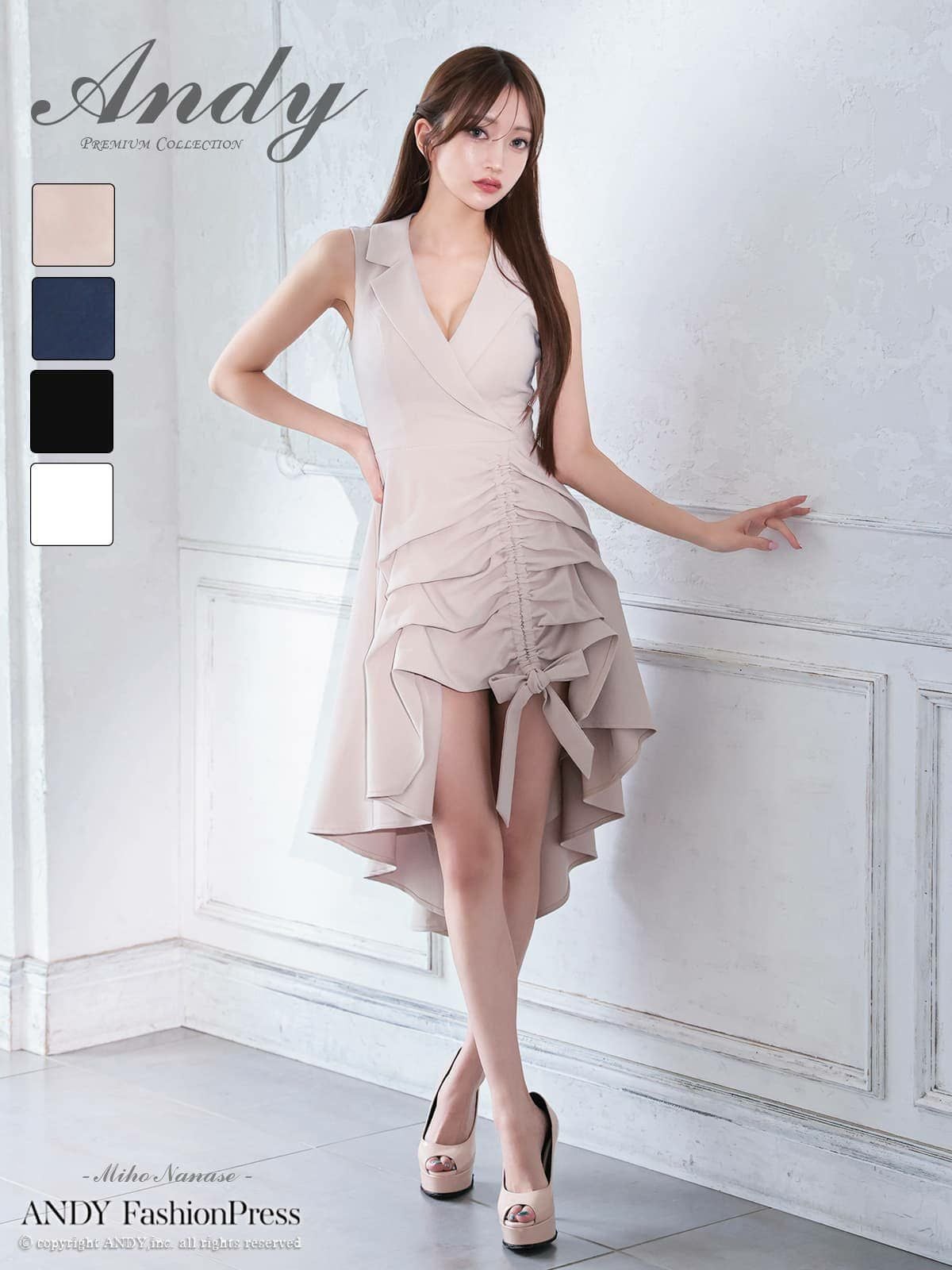 [Andy/アンディ] 高級 Aライン　膝丈ドレス ロングテール 谷間 ノースリーブ　上品 襟付き