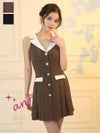 [an/アン] 高級 ノースリーブ 襟付き バイカラー ビジュー ボタン プリーツ フレア ミニドレス