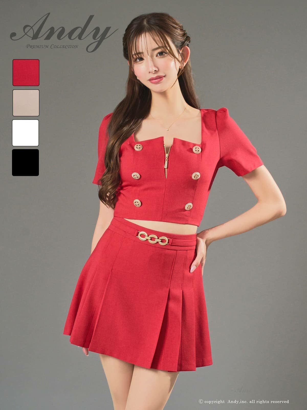 [Andy/アンディ] 高級 ワンピース Aラインミニドレス セットアップ 谷間 半袖 襟付き ジップ ボタン