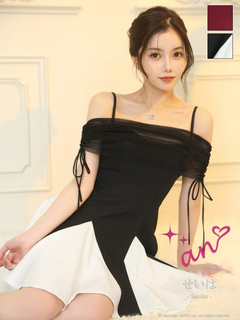 [an/アン] 高級 Aライン ミニドレス オフショルダー キャミソール 肩出し 二の腕カバー 2way 取り外し可能